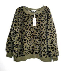 Workshop Republic Clothing Top Leopard Green Sherpa Sweatshirt Women SIze 2X